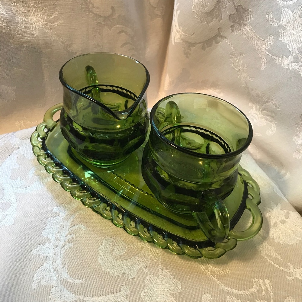 Vintage Green Glass Saucer and Creamer and Sugar - Picture 3 of 6